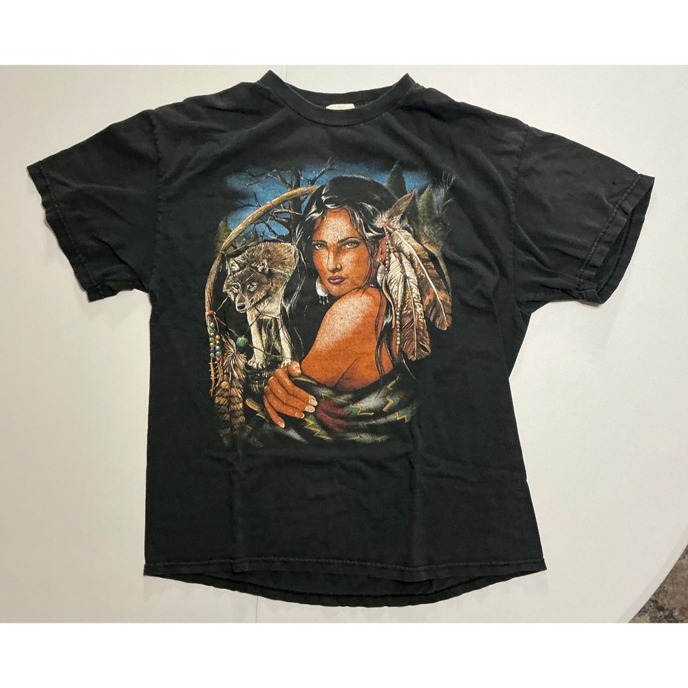 VTG Y2K Native American Sexy Girl‎ Wolf Grunge Thrashed T-Shirt Black Mens L